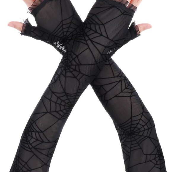 Women's Spider Web Gloves Sheer Spider Web Arm Warmer Black Lace Fingerless Glov - Picture 8 of 8
